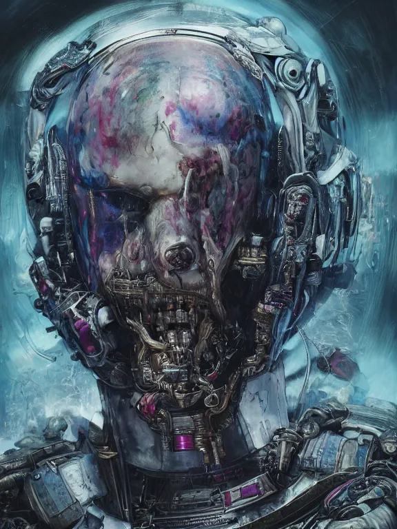 Image similar to portrait art of 8k ultra realistic undead corrupted ghost in the shell, intricate high tech helmet , detailed intricate ornate space suit,decaying, cybernetic, full of colour, cinematic lighting, battered, trending on artstation, 4k, hyperrealistic, focused, extreme details,unreal engine 5, cinematic, masterpiece, art by ayami kojima, giger