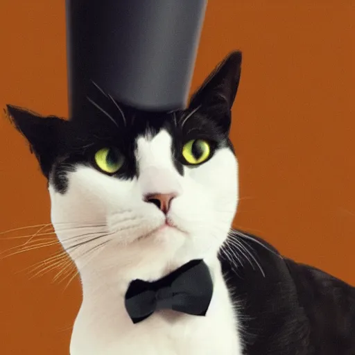 Prompt: man with the head of a tuxedo cat, wearing a party hat