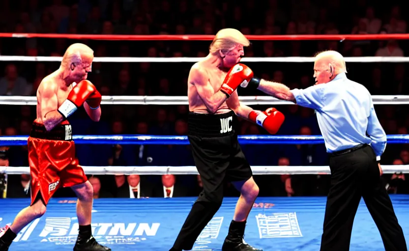 Image similar to boxing match between donald trump vs joe biden, stage lighting, award winning photo