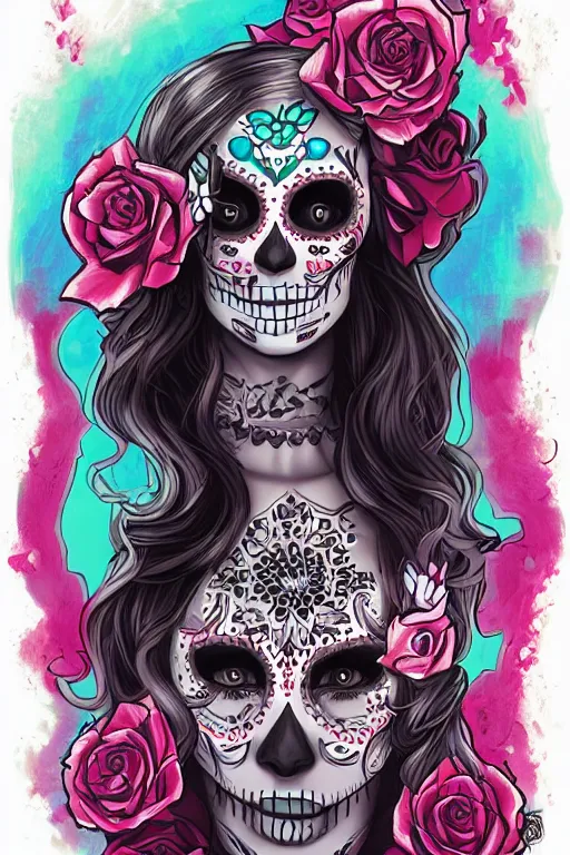 Prompt: illustration of a sugar skull day of the dead girl, art by ross tran