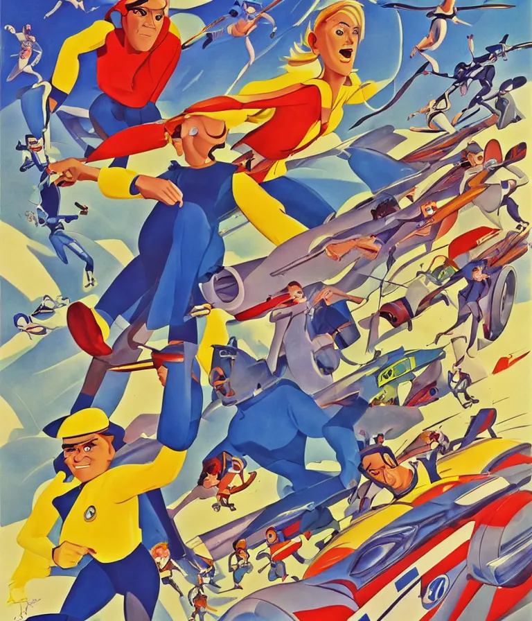 Image similar to Hannah Barbera cartoons of Five Star Stories as Whacky Races, promotional poster super detailed , xpensive production, realistic style, gouache colors, Hollywood retro cartoon poster, golden era of animation work