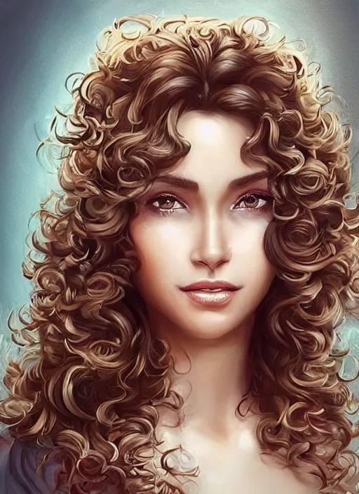 Image similar to beautiful female angel, brunette with big smile and curly hairstyle, looks like Ebru Şahin, Reyyan, looks like Fabiula Nascimento, looks like Laura Barriales, D&D, fantasy, intricate, elegant, highly detailed, digital painting, artstation, concept art, character design, smooth, sharp focus, illustration, art by artgerm and greg rutkowski and alphonse mucha