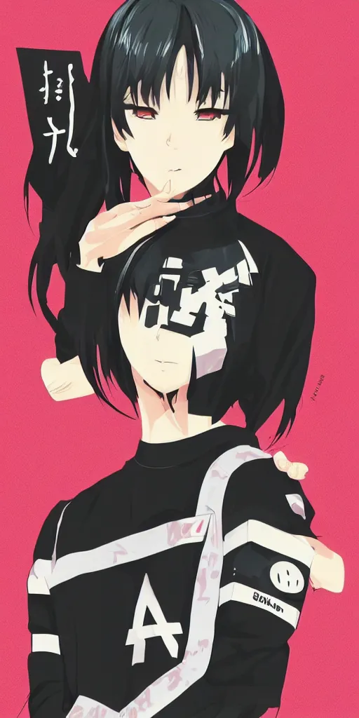 Image similar to shirt art, logo graphic design, anime style, realistic lighting, futuristic matte colors, made by ilya kuvshinov, sold on sukebannyc, front portrait of a girl, jpop clothing, sneaker shoes, arcade cabinet in background