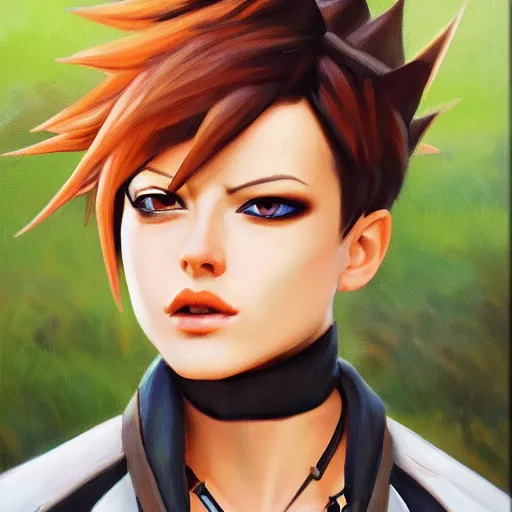 Prompt: oil painting of tracer overwatch in a field wearing spiked collar around neck, in style of steve henderson, expressive face, wearing choker with spikes, steel collar, detailed face, detailed eyes, full body, feminine face, tracer overwatch,