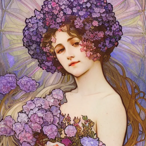 Image similar to lilac hair goddess of light through hydrangeas flowers, soft rose and dried petals, alphonse mucha style, painterly, highly detailed, 8 k,