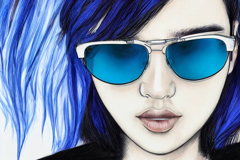 Prompt: 8k UHD, high detailed, Digital drawing, Randy Bishop art style : (subject = girl wearing Ray bans shades, photo realistic, high symmetry + subject detail= beautiful, Asian, blue hair, high detailed, symmetric facial features)