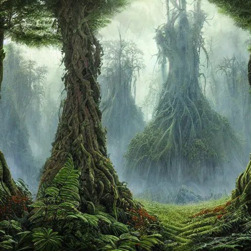 Image similar to a beautiful and highly detailed matte painting of a strange alien plant growing in a fantasy garden in a dark twisted forest deep in the forgotten valley, intricate details, epic scale, insanely complex, 8 k, sharp focus, hyperrealism, very realistic, by caspar friedrich, greg rutowski, james gurney