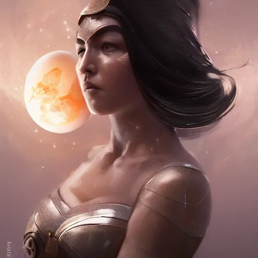 Prompt: head and shoulders portrait of modern darna, woman turned into a hard boiled egg, intricate, elegant, dark vibes, highly detailed, digital painting, artstation, glamor pose, concept art, smooth, sharp focus, illustration, art by wlop, mars ravelo and greg rutkowski