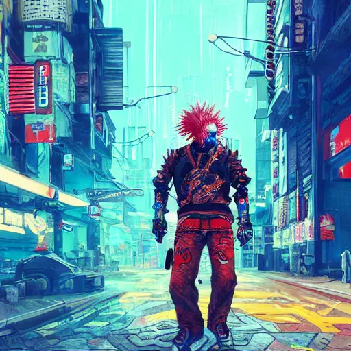 Image similar to portrait painting of a street samurai with spiky red hair riding a blue motorcycle, cyberpunk, glitchwave, ultra realistic, concept art, intricate details, eerie, highly detailed, photorealistic, octane render, 8 k, unreal engine. art by josan gonzales and moebius