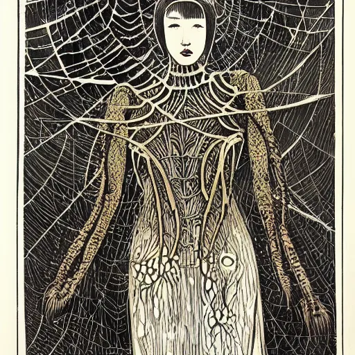 Prompt: a girl with a spider, colored woodcut, print, by Mackintosh, art noveau, by Ernst Haeckel, by Tsutomu Nihei