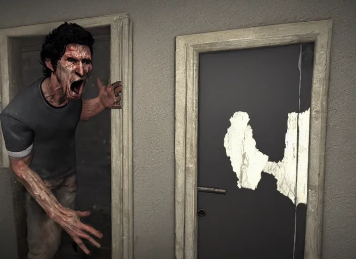 Prompt: todd howard screaming breaking down door, horror, intense