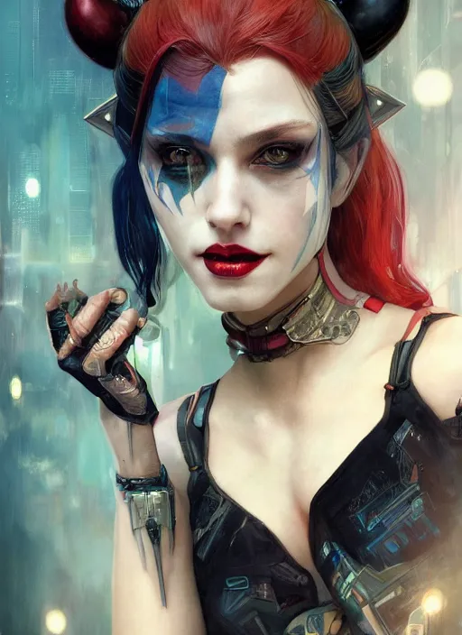 Image similar to a beautiful illustration of cyberpunk harley quinn with pointy ears, intricate, sharp focus, illustration, highly detailed, digital painting, concept art, matte, art by wlop and artgerm and greg rutkowski and alphonse mucha, masterpiece