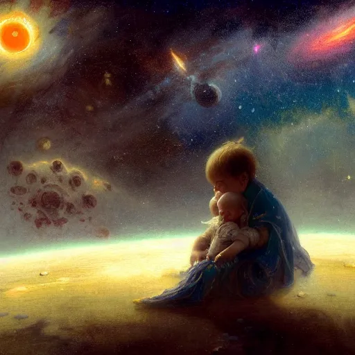 Image similar to a lonley and gloomy baby in middle of space surrounded by colorful stars planets and galaxies, high detail, by gaston bussiere, bayard wu, greg rutkowski, odd nerdrum, maxim verehin, dan dos santos, masterpiece, sharp focus, cinematic lightning