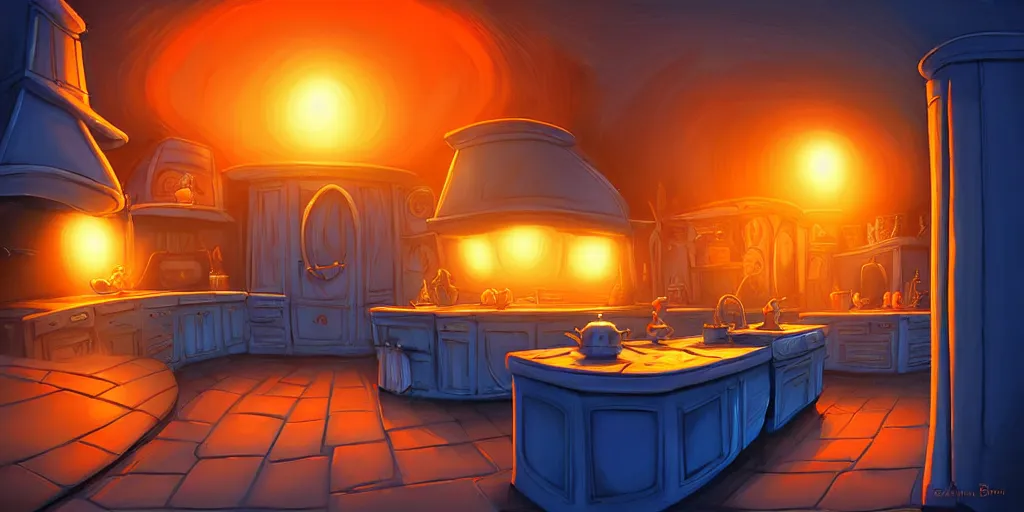 Prompt: curved perspective digital art of a dark kitchen from Tim Burtons Nightmare Before Christmas by Andreas Rocha orange lights blue shadows