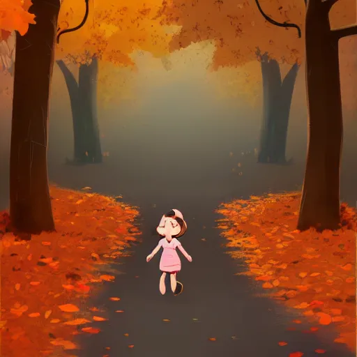 Image similar to samantha mash ilustration a beautiful little girl smiling, walking calmly through an autumn forest, style by goro fujita, character art, sharp focus, highly detailed, artstation