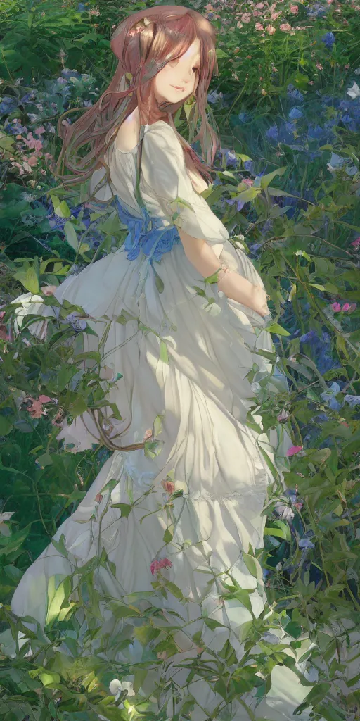 Image similar to a digital art of a loli with long hair in a dress in the privet garden at after noon, green and blue and warm theme, back lighting, by krenz cushart and mucha and akihito yoshida and greg rutkowski and makoto shinkai, detailed eyes, 4 k resolution, trending on art station