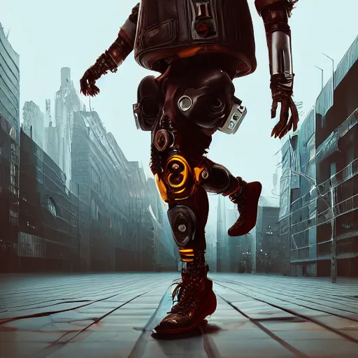 Image similar to a fashion model in helmet, creative, brown skin, digital art, photo manipulation, artstation, standing, cyberpunk, giant, street, duck shoes, up there, photoshop, futuristic