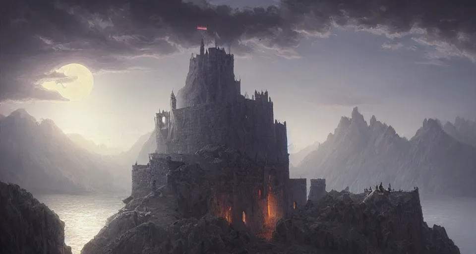 Prompt: floating mountain castle, Moon's Spawn from Malazan, by Greg Rutkowski and Raphael Lacoste, detailed, volumetric lighting, dramatic lighting, dusk