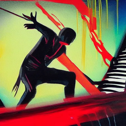 Prompt: beautiful painting of a ninja warrior playing a synthesizer in a music studio with red liquid coming out of the studio monitor speakers