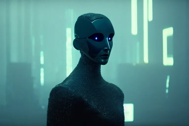 Image similar to film still of closeup sleek futuristic humanoid robot in blade runner 2 0 4 9, lobby, cinematic, moody, gritty neon noir by emmanuel lubezki