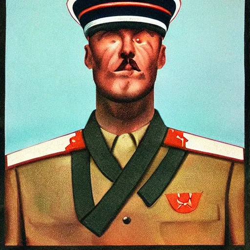 Image similar to soviet propaganda poster depicting a dromaius in military uniform