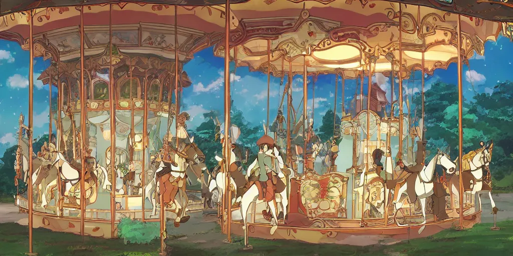Image similar to a fantasy carousel in the style of studio ghibli, makoto shinkai