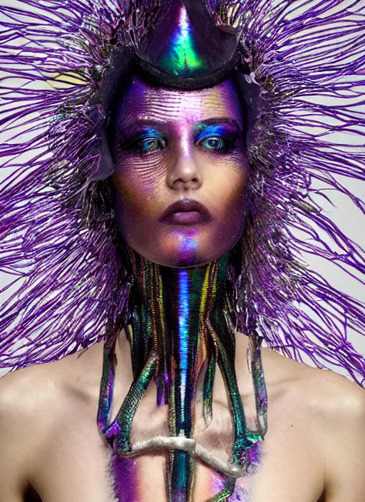 Prompt: a pirate woman with iridescent skin by van herpen, iris