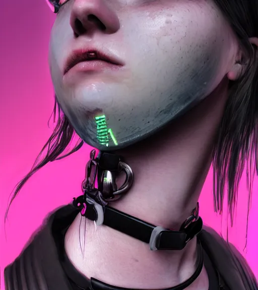 Image similar to detailed realistic female character cyberpunk wearing thick steel collar around neck, realistic, art, beautiful, 4K, collar, choker, collar around neck, punk, artstation, detailed, female, woman, choker, cyberpunk, neon, punk, collar, choker, collar around neck, thick collar, tight around neck, punk,