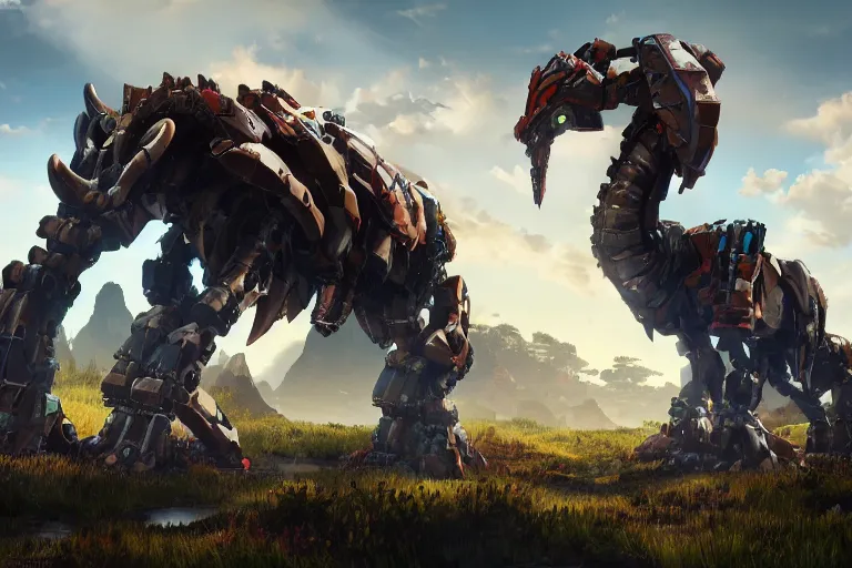 Image similar to grimhorn fanghorn machine mecha animal beast robot of horizon forbidden west horizon zero dawn bioluminiscence global illumination ray tracing hdr fanart arstation by sung choi and eric pfeiffer and gabriel garza and casper konefal