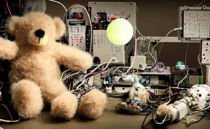 Prompt: teddy bear lobotomy, dirty fur, robotic, sad eyes, stitches, ripped fabric, exposed wires, circuit, electricity, laboratory, asylum, dirt, neon lights, glow sticks, realistic photography