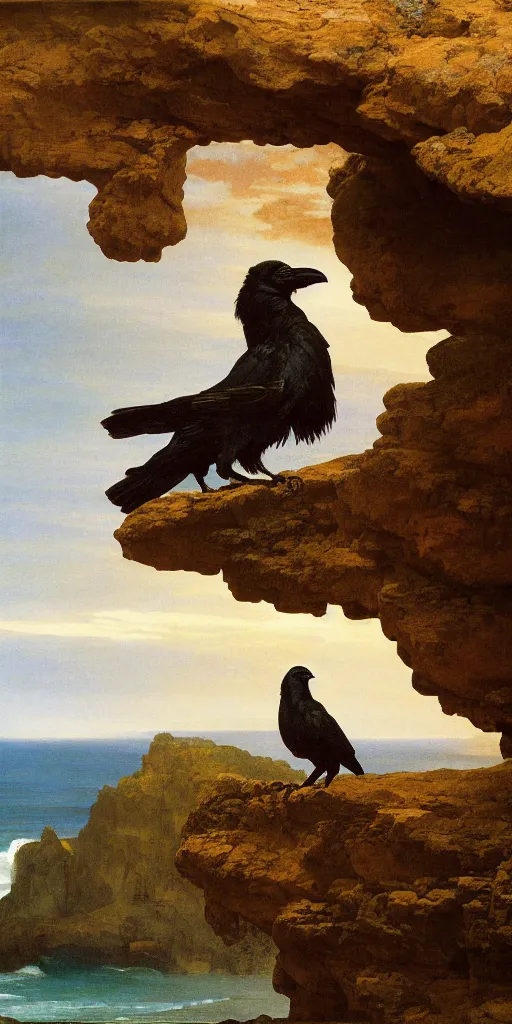 Prompt: a breathtakingly stunningly beautifully highly detailed close up portrait of a raven under a rock arch, epic coves crashing waves plants, beautiful clear harmonious composition, wonderful strikingly beautiful serene sunset, detailed organic textures, by frederic leighton and rosetti and turner and eugene von guerard, 4 k