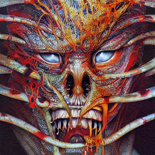 Prompt: hyper realistic portrait of, ‘ the carnivorous alien ’. an award winning yoshitaka amano digital art poster, by james gurney and gerhard richter. art by takato yamamoto. masterpiece, rich colours.