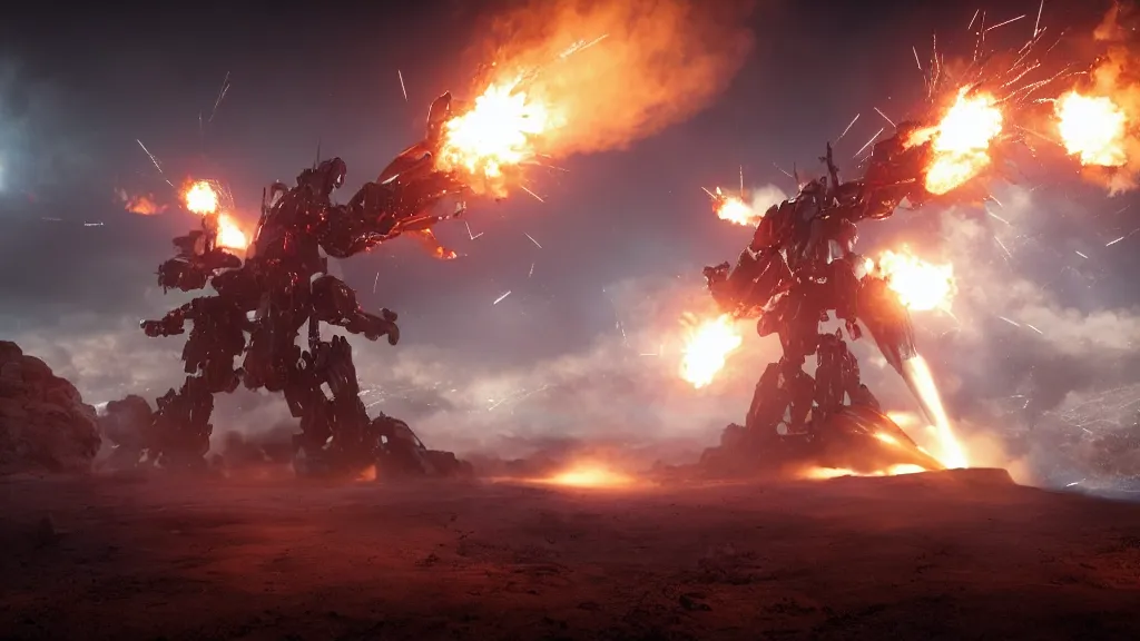Prompt: a Mecha firing it\'s rockets at a dragon, pbr, volumetric lighting, raytracing, cinematic, wide angle, Michael bay movie, bright explosion