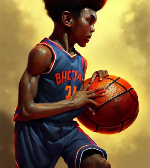 Image similar to portrait of a boy playing basketball wearing a basketball uniform, intricate, elegant, highly detailed, centered, digital painting, artstation, concept art, smooth, sharp focus, illustration, by Peter Mohrbacher, WLOP