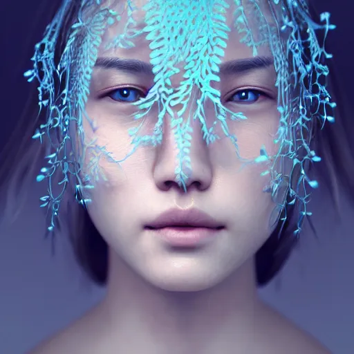 Image similar to intricate highly detailed face portrait of asian - european woman, light blue water vines on her face, intricate, cgsociety, beeple, unreal engine, octane render, sharp focus, smooth, volumetric lighting, cinematic composition, artstation