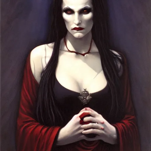 Prompt: vampire priestess, by gerald brom and berthold woltze.