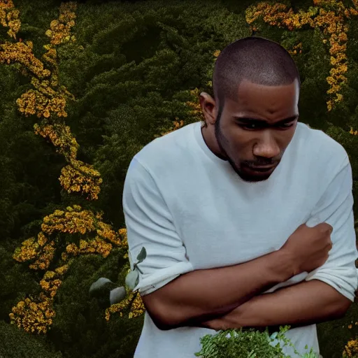 Prompt: A photo of Frank Ocean crying in the middle of a garden, 8K concept art, dreamy, garden, bushes, flowers, golden hour, vintage camera, detailed, UHD realistic faces, award winning photography, cinematic lighting