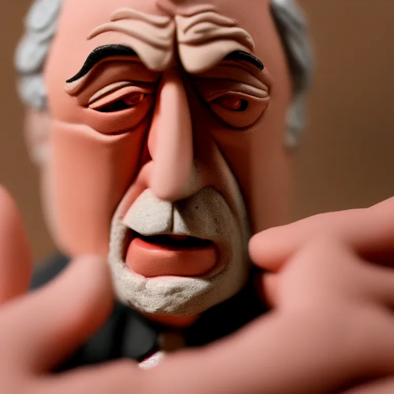 Image similar to a cinematic film still of a claymation stop motion film starring robert de niro, portrait, shallow depth of field, 8 0 mm, f 1. 8