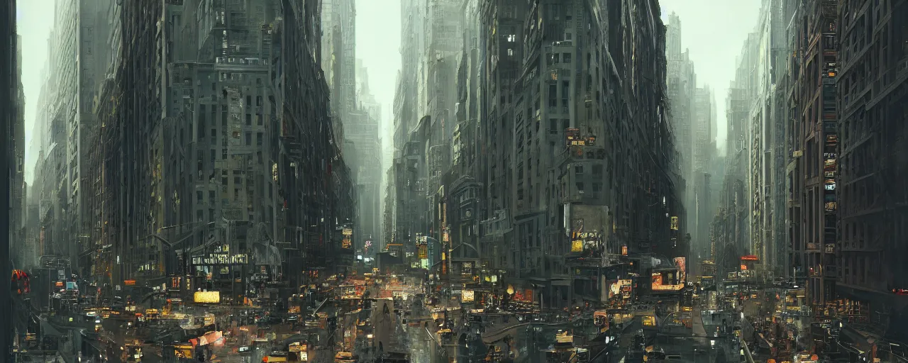 Image similar to new york city block. architecture. cinematic lighting. trending on artstation. cgsociety. art by greg rutkowski and william o'connor