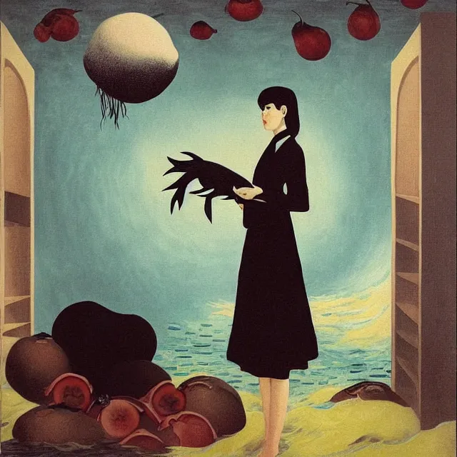 Image similar to tall emo female artist holding a large fish in her flooded kitchen, pomegranates, octopus, water gushing from ceiling, painting of flood waters inside an artist's apartment, a river flooding indoors, ikebana, zen, rapids, waterfall, black swans, canoe, berries, acrylic on canvas, surrealist, by magritte and monet