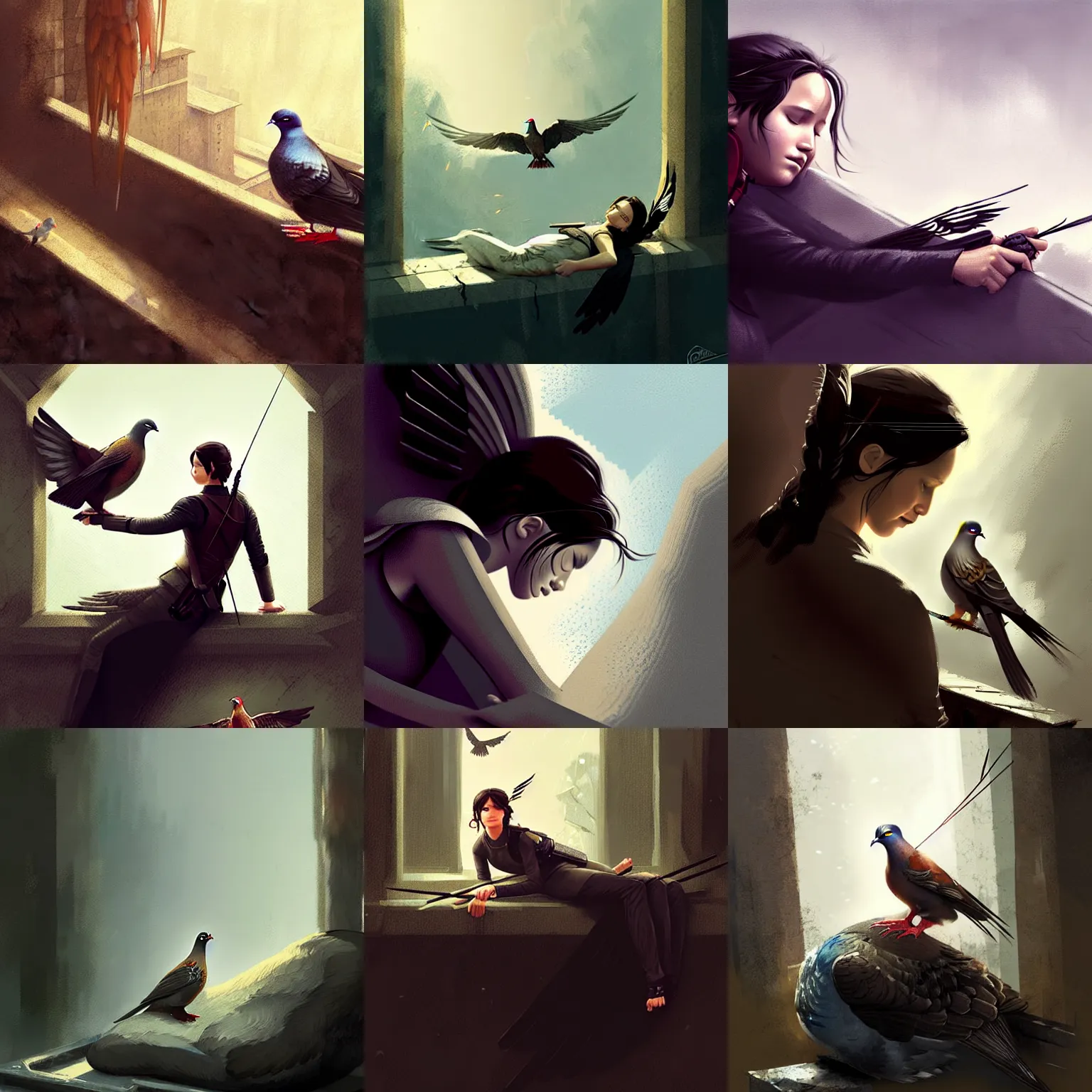 Prompt: katniss everdeen sleeping on top of a pigeon, digital art by greg rutkowski