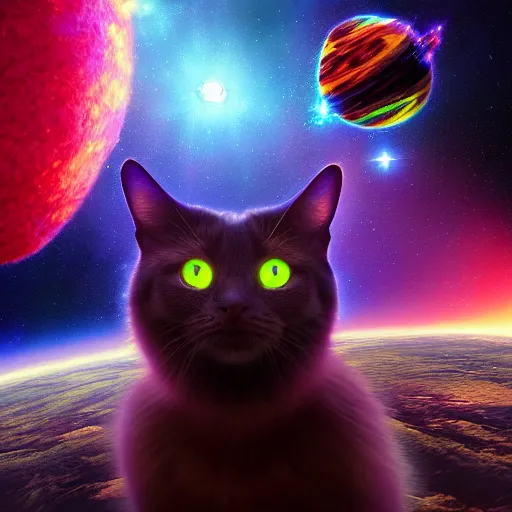 Image similar to Photorealistic magic cat in outer space. Hyperdetailed photorealism, 108 megapixels, amazing depth, glowing rich colors, powerful imagery, psychedelic Overtones, 3D finalrender, 3d shading, cinematic lighting, artstation concept art