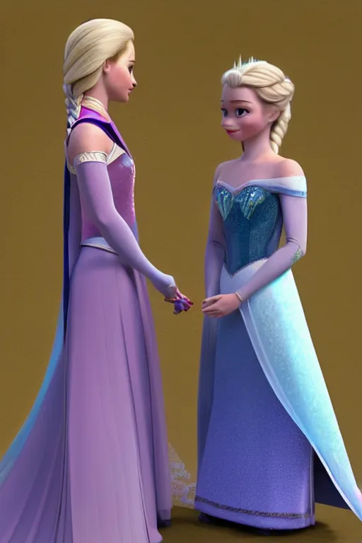 Image similar to Tessa Thompson and Evan Rachel Wood as Anna and Elsa, 3d render, Pixar