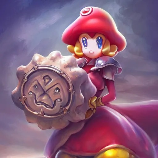 Image similar to princess peach holding a Mario mushroom made of earth and molten metal with heavy knight armor in the style of anime by Peter Mohrbacher, anime trending on artstation, HD, 4k,