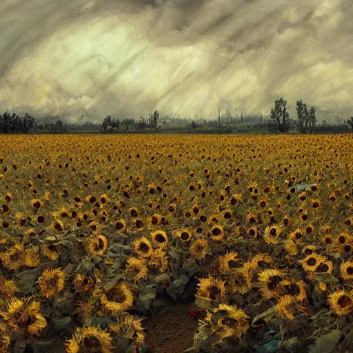 Prompt: a stunning and moody painting of many dead uniformed russian soldiers lying in blood in a field of sunflowers as painted by otto dix, artstation, concept art, impressionism, hyperdetailed