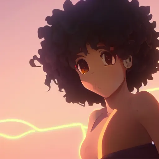 Image similar to a beautiful 3d brown anime girl, brown skin, black curly hair, Cinematic lighting, medium shot, mid-shot, in a anime masterpiece, highly detailed, Trending on artstation, unreal engine 4k, Cinematic wallpaper