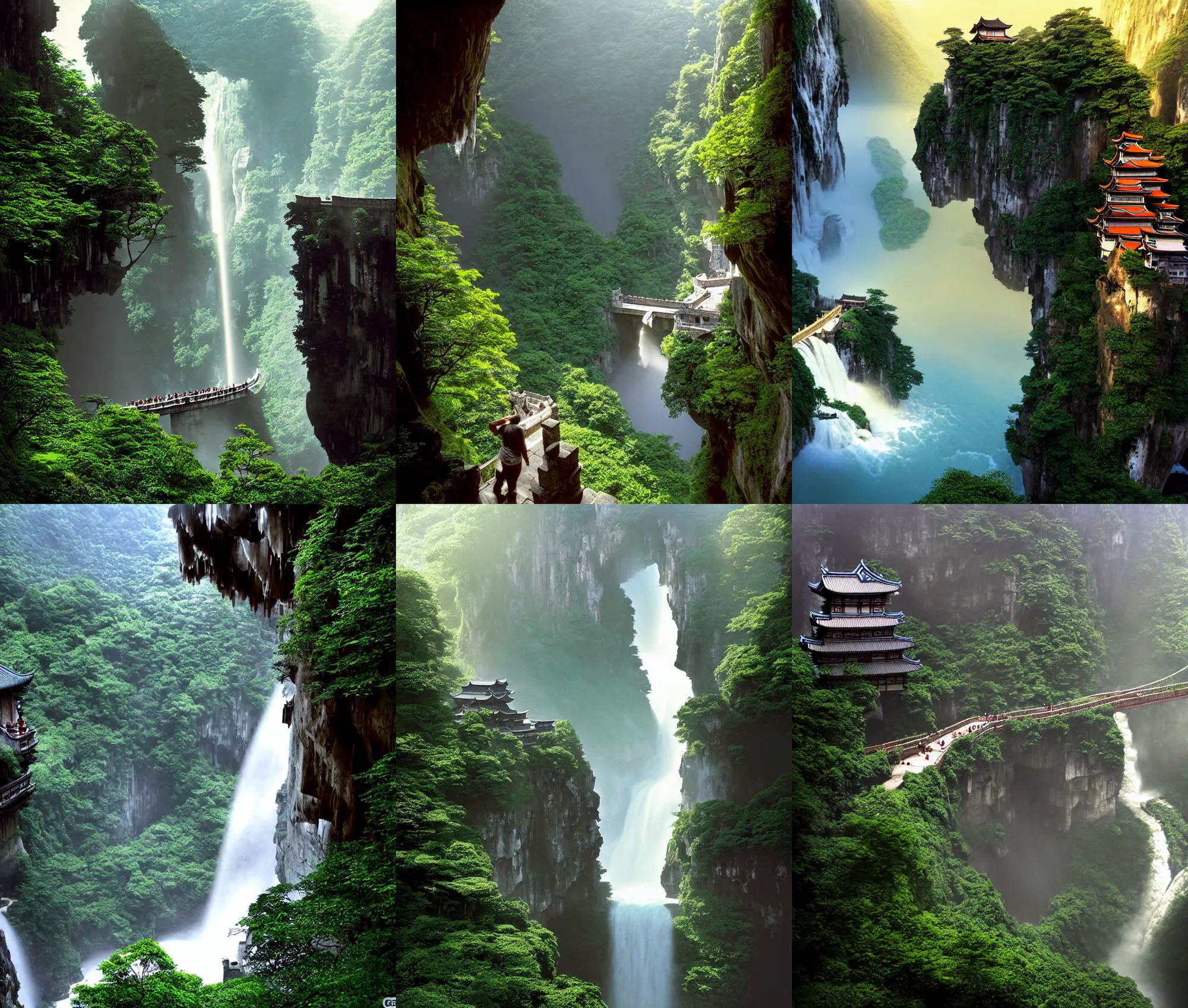 Prompt: establishing wide shot inside han son doong with waterfalls on either side of the cliff walls, at the top of the cliff is a japanese castle, a cloister is built into the cliff walls, an old suspension bridge spans the walls, sunny morning light, sunbeam, saturated colors, fantasy movie grading, digital concept art by greg rutkowski and gerald brom and james gurney