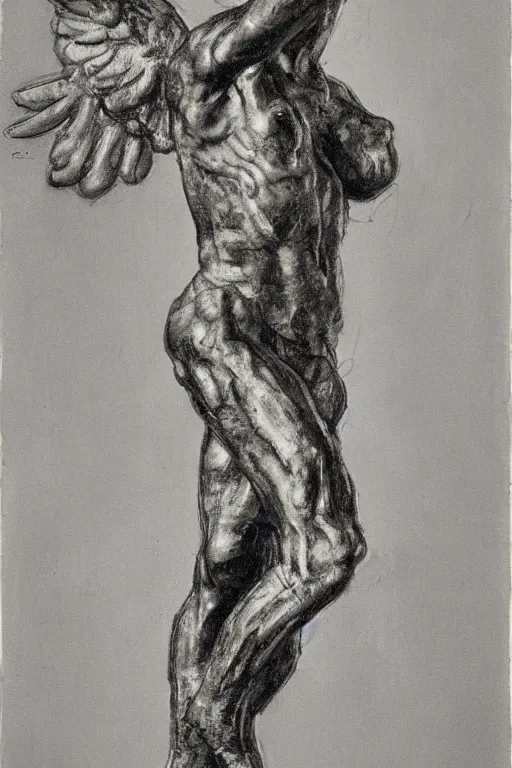 Prompt: very detailed charcoal portrait by frank auerbach of a full body angel sculpture by michelangelo