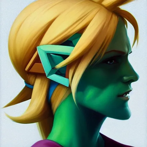 Image similar to portrait of a female Link from legend of Zelda, face, asymmetrical, profile picture, Organic Painting, sunny day, Matte Painting, bold shapes, hard edges, street art, trending on artstation, by Sam Youn and Gil Elvgren and Sachin Teng