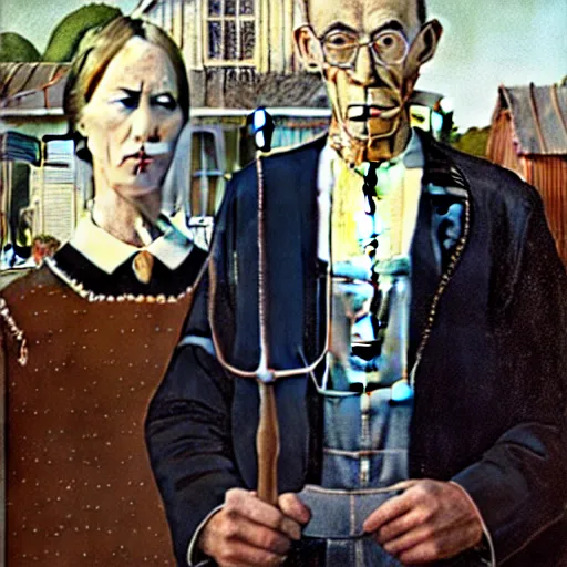 Image similar to satan and jesus in the style of american gothic